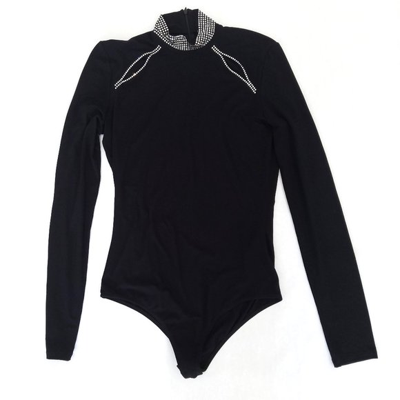 Versace Collection Black Mock Neck Bodysuit Embellished NWT Size 8 IT 44 - Picture 1 of 13